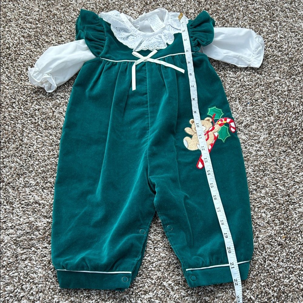 Vintage 80s Green and White Kids Christmas Candy Cane Bear Romper Blouse - Picture 10 of 16
